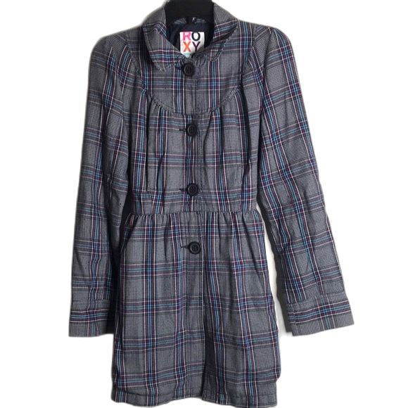 Vintage roxy plaid flannel fall Y2K trench coat size small cute - Picture 1 of 12